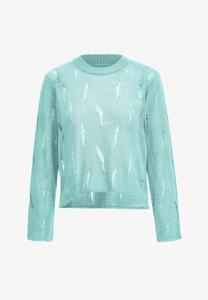 Mintgrüner Strickpullover mit langen Ärmeln, der ein lockeres Design, eine offene Struktur und unregelmäßige Ausschnitte für zusätzliche Textur aufweist.