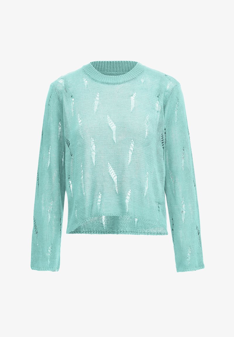 Mintgrüner Strickpullover mit langen Ärmeln, der ein lockeres Design, eine offene Struktur und unregelmäßige Ausschnitte für zusätzliche Textur aufweist.