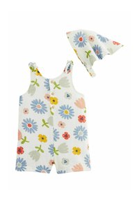 Rompers sans manches à motifs floraux en tissu blanc avec des fleurs bleues, roses, jaunes et vertes ; comprend un chapeau floral assorti.