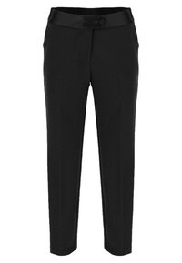 Černé kalhoty s hladkým povrchem, s těsným střihem, plochým pasem a jedním ozdobným knoflíkem vpředu.