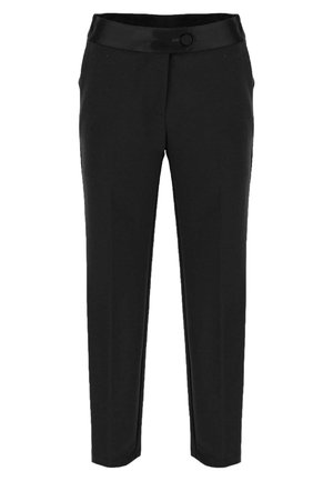 Pantalon noir au toucher lisse, avec une coupe slim, une taille plate, et un seul bouton décoratif à l'avant.