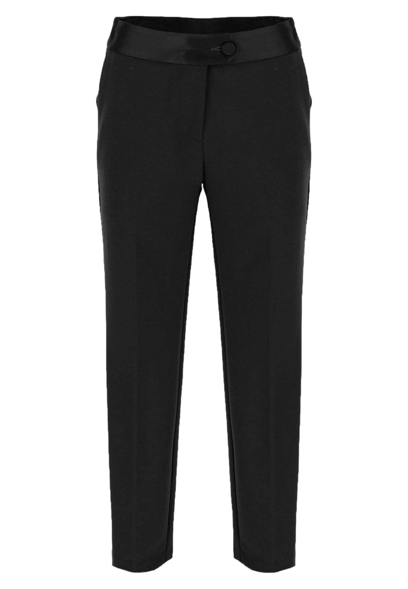 Černé kalhoty s hladkým povrchem, s těsným střihem, plochým pasem a jedním ozdobným knoflíkem vpředu.
