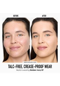 Dos imágenes una al lado de la otra de una cara, mostrando la piel antes y después de la aplicación del maquillaje. La imagen del después muestra una piel más suave y un tono más uniforme.