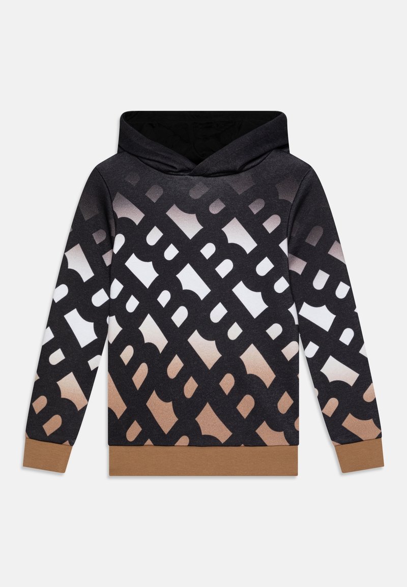 Sweat à capuche noir avec poignets et ourlet marron, présentant un motif entrelacé de "B" en noir se dégradant vers un fond en dégradé blanc et marron.