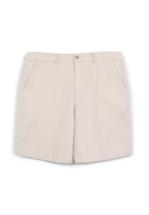 Beige Leinenshorts mit einem Knopfverschluss, Seitentaschen und geradem Schnitt. Glatte Textur, maßgeschneiderter Schnitt und minimale Nahtdetails.