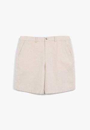 Beige Leinenshorts mit einem Knopfverschluss, Seitentaschen und geradem Schnitt. Glatte Textur, maßgeschneiderter Schnitt und minimale Nahtdetails.