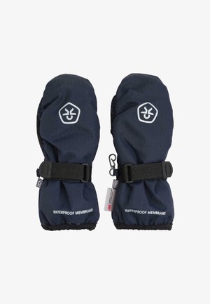 Moufles imperméables bleu marine avec une surface texturée, des sangles noires ajustables et un logo à l'avant. Comprend des poignets élastiques pour un ajustement parfait.