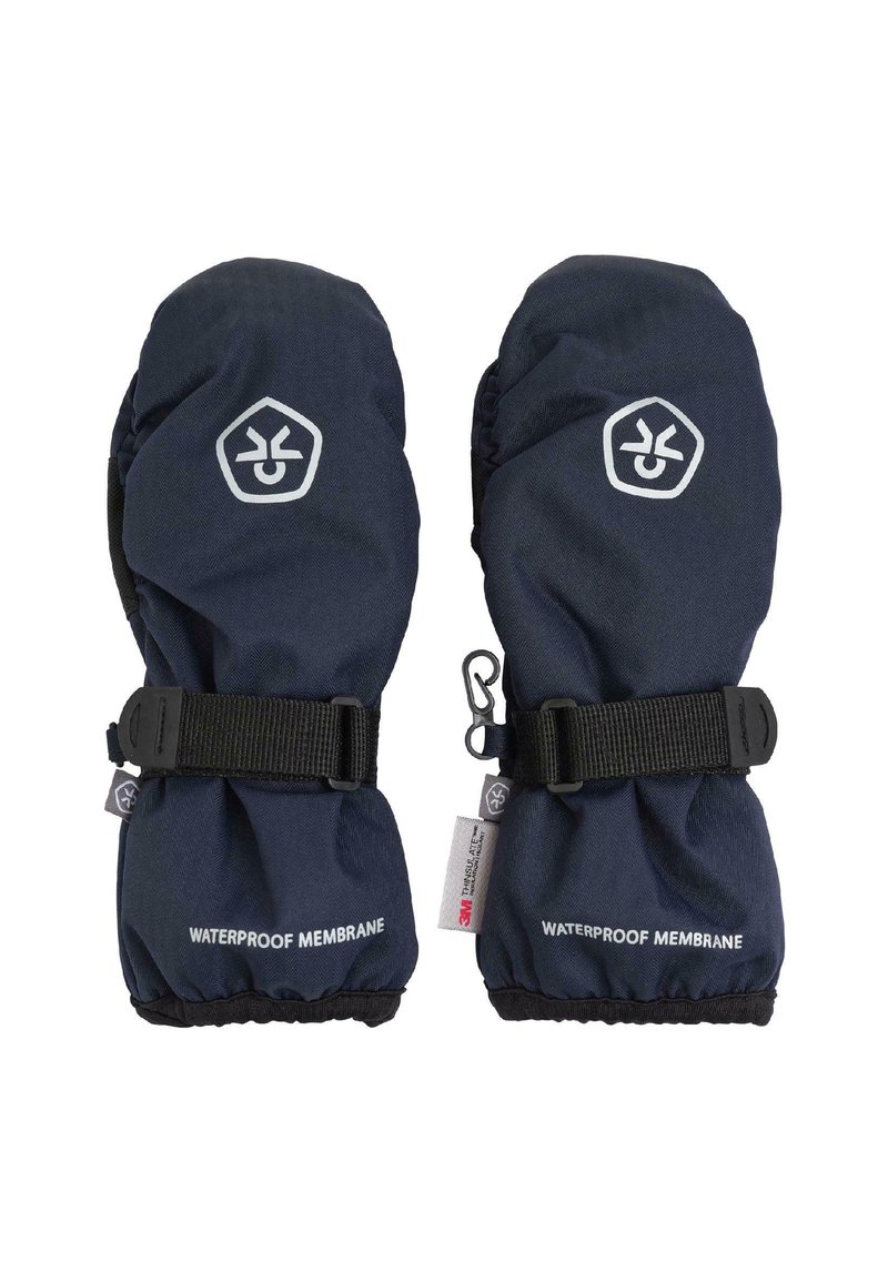 Guanti impermeabili navy con superficie testurizzata, cinturini neri regolabili e logo sul davanti. Presentano polsini elasticizzati per una vestibilità aderente.