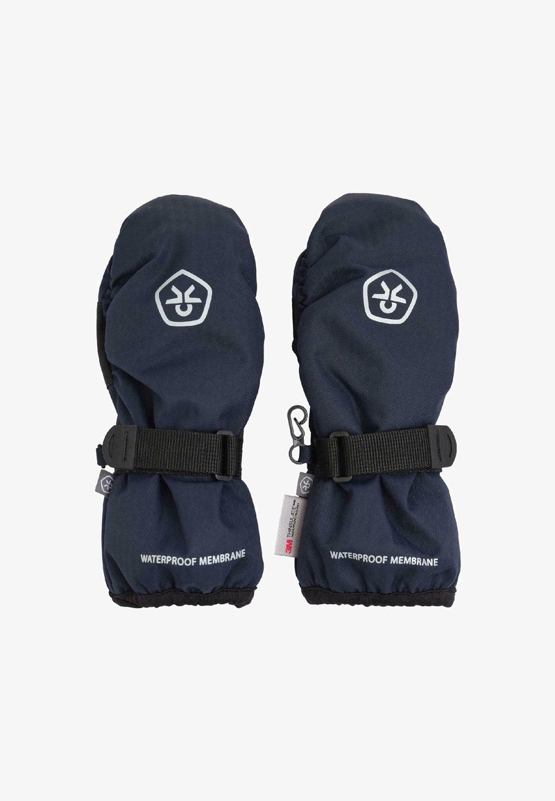 Guanti impermeabili navy con superficie testurizzata, cinturini neri regolabili e logo sul davanti. Presentano polsini elasticizzati per una vestibilità aderente.