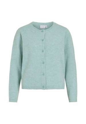Licht mintgroene cardigan gemaakt van zachte stof, met een ronde hals, lange mouwen en zes bijpassende knopen aan de voorkant.