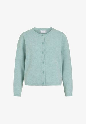 Lys mintgrønn cardigan laget av mykt stoff, med rund hals, lange ermer og seks matchende knapper foran.