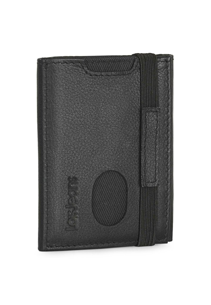 Cartera de cuero negro con acabado texturizado, cierre con banda elástica y detalle del logo. Forma rectangular compacta.