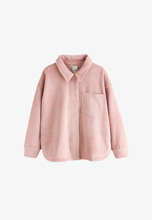 Rosa Cordjacke mit Kragen, Reißverschluss und Brusttasche. Verfügbar in einer weichen Textur und lässigen Passform mit abgerundetem Saum.