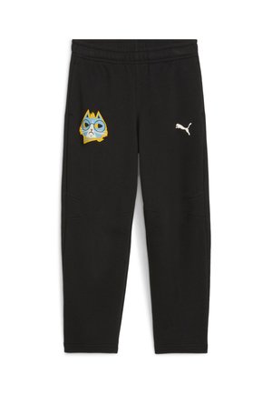 Svarta sweatpants med resårmidja, med en tecknad kattgrafik i blått och gult på vänster lår och en vit Puma-logga på höger sida.