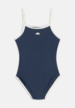Navy blue one-piece swimsuit with white trim and adjustable white shoulder straps, featuring a small white logo at the chest center.