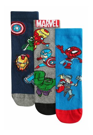 Set of three socks featuring Marvel characters: dark blue with Captain America, gray with Iron Man and Hulk, and bright blue with Spider-Man and Thor.