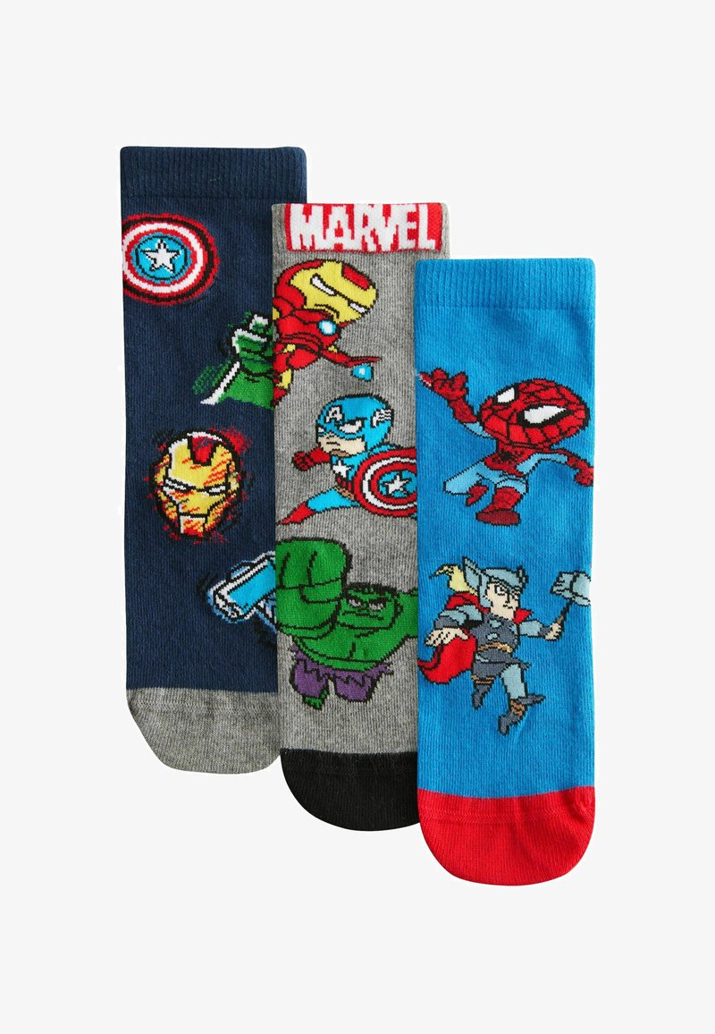 Set di tre calzini caratterizzati dai personaggi Marvel: blu scuro con Captain America, grigio con Iron Man e Hulk, e blu brillante con Spider-Man e Thor.