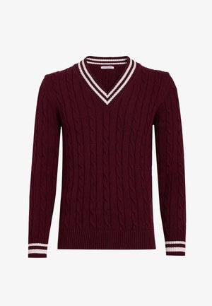 Burgundy knitted sweater with a V-neck, featuring cable patterns and white striped accents on the collar and cuffs. Slim fit design.