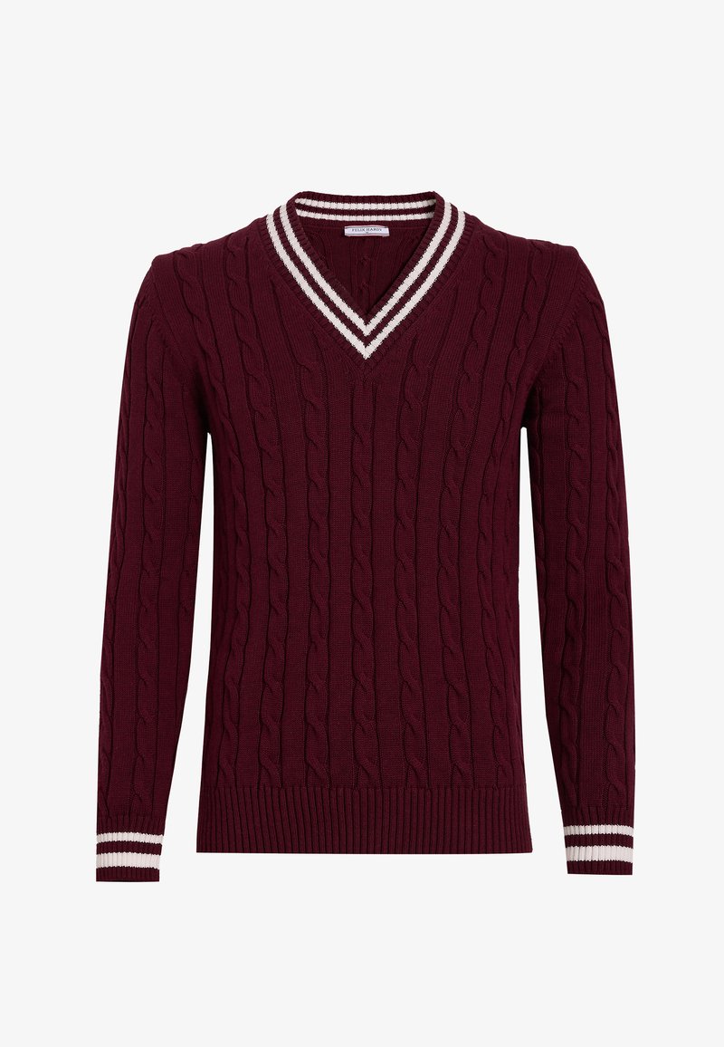 Maglione bordeaux lavorato a maglia con scollo a V, caratterizzato da motivi a treccia e dettagli a righe bianche su collo e polsini. Design slim fit.