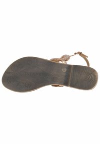 Sandalo con cinturini caratterizzato da una suola in gomma testurizzata, dettagli intricati in perle e una tomaia morbida in beige metallico con cinturino alla caviglia regolabile.