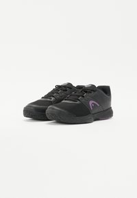 Black athletic shoes featuring mesh and synthetic material, contrasting purple accents, flat laces, and a textured outsole design.