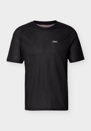 Zwart sportshirt met korte mouwen van mesh, ronde hals en klein wit "poc"-logo op de linkerborst.