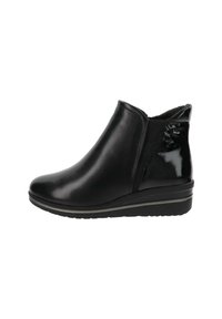 Bottines noires en cuir lisse, présentant une silhouette élégante, des panneaux latéraux élastiques et un accent glossy texturé à l'arrière.