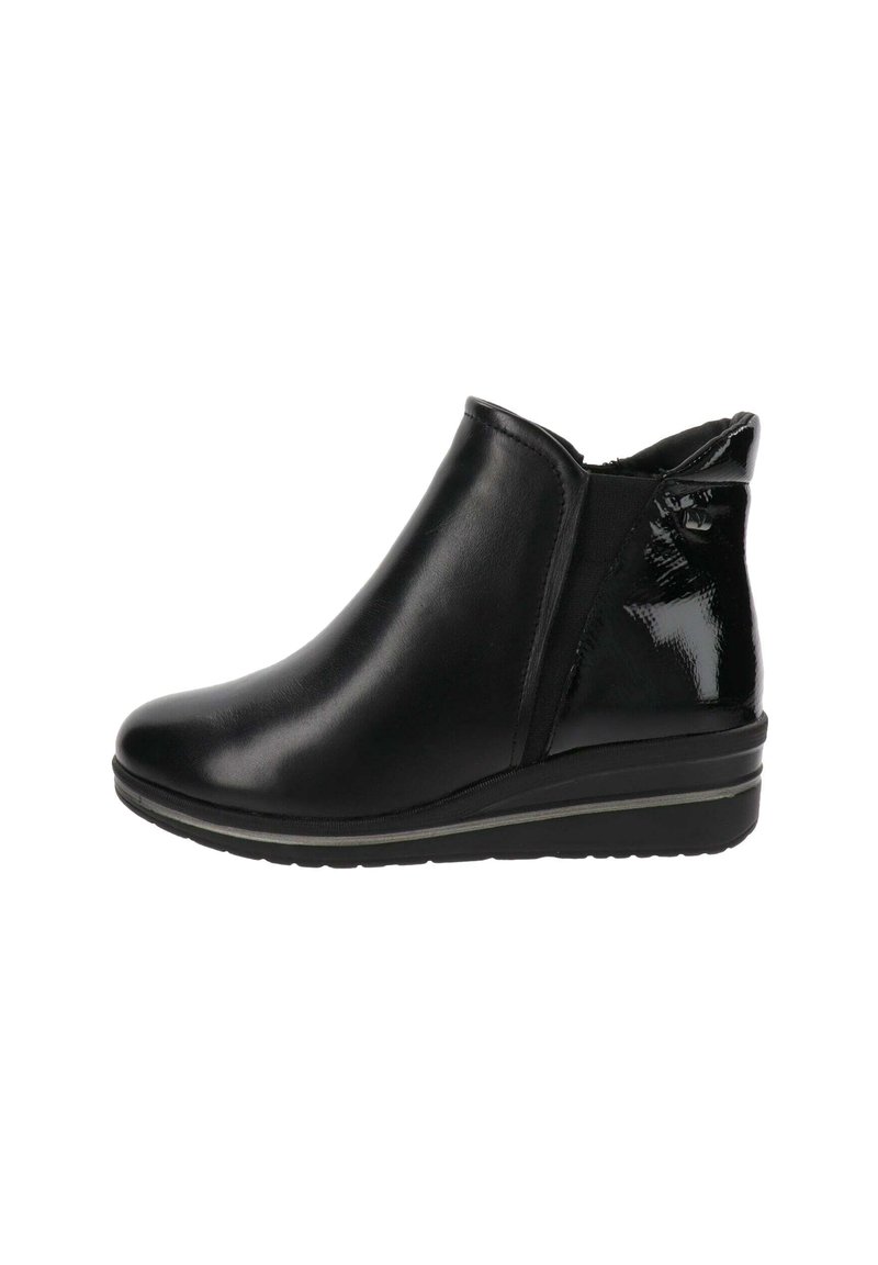 Bottines noires en cuir lisse, présentant une silhouette élégante, des panneaux latéraux élastiques et un accent glossy texturé à l'arrière.