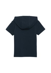 Marineblauwe short-sleeve hoodie van een textuurstof, met een kleine, ronde capuchon en een recht afgesneden zoom.