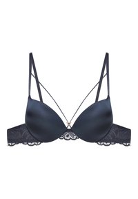 Czarny biustonosz o gładkim, satynowym wykończeniu, z koronkowymi detalami na obwodzie oraz regulowanymi ramiączkami tworzącymi krzyżujący się wzór na plecach.