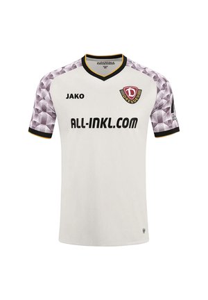 Wit voetbalshirt met grijs-paarse patroonmouwen, zwarte sponsor tekst, Jako-logo en Dresden teambadge op de borst.