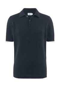 Navy polo shirt made from soft fabric, featuring a classic collar, two-button placket, and short sleeves with grey accent cuffs.