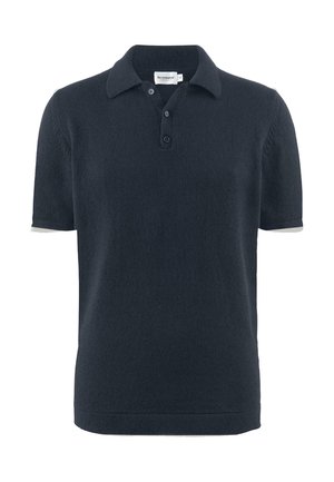 Dunkelblaues Poloshirt aus weichem Stoff, mit klassischem Kragen, einer Knopfleiste mit zwei Knöpfen und kurzen Ärmeln mit grauen Akzentbündchen.