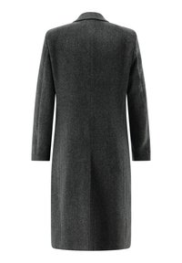 Dunkelgrauer, langer Wollmantel mit geradem Schnitt, langen Ärmeln und Reverskragen, von hinten vor weißem Hintergrund gezeigt.