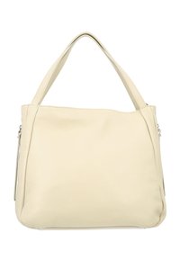 Geantă de mână din piele crem, cu o textură moale, formă rectangulară și mânere duale. Dispune de un închidere cu fermoar și cusături decorative.