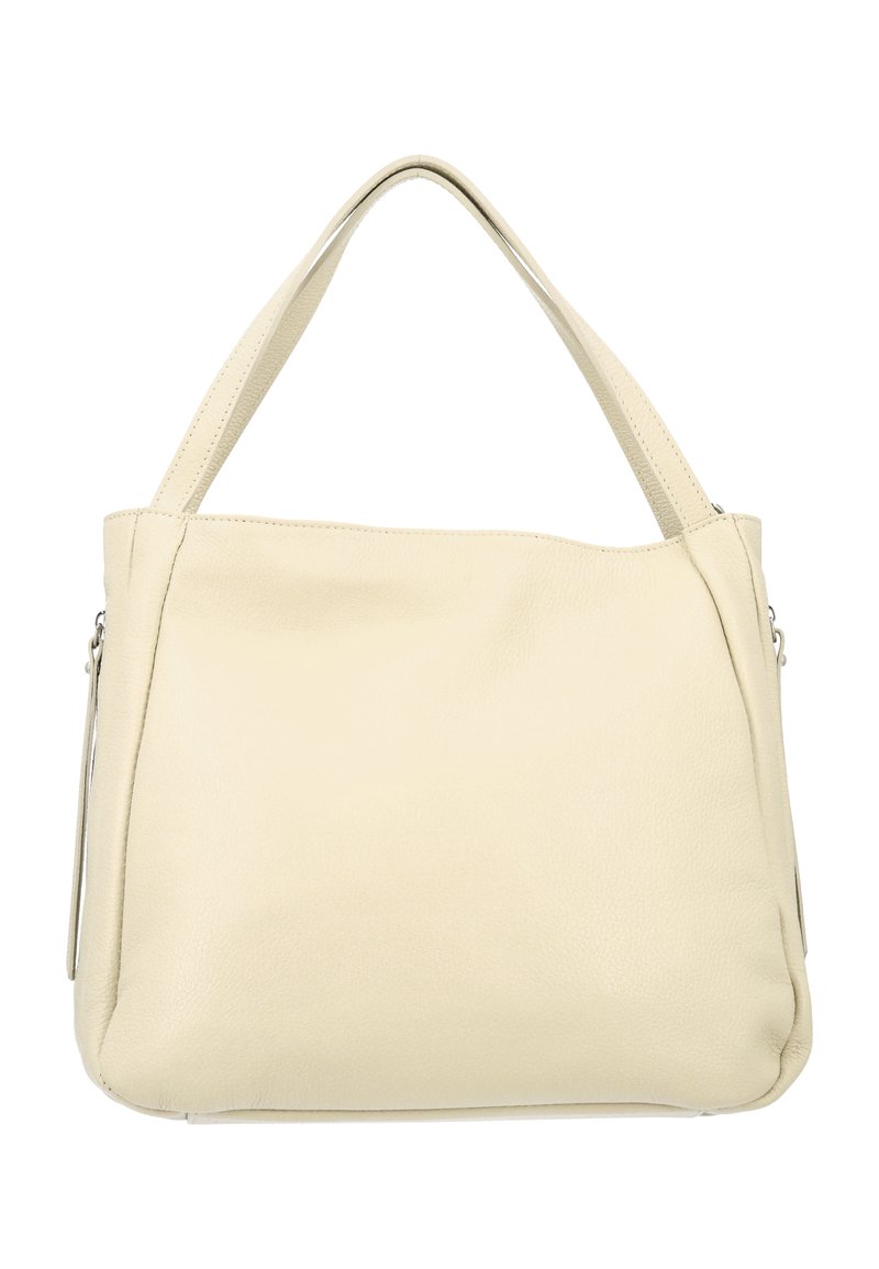 Geantă de mână din piele crem, cu o textură moale, formă rectangulară și mânere duale. Dispune de un închidere cu fermoar și cusături decorative.