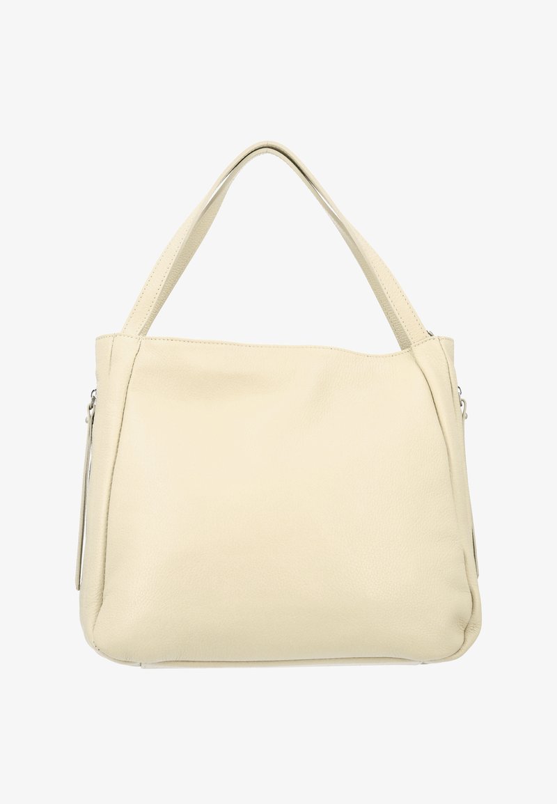 Geantă de mână din piele crem, cu o textură moale, formă rectangulară și mânere duale. Dispune de un închidere cu fermoar și cusături decorative.