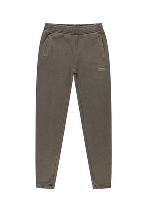 Grijze katoenen joggers met zijzakken, elastyche tailleband, bijgesneden enkels en bedrukte tekst aan de voorkant. Zachte, gladde textuur.
