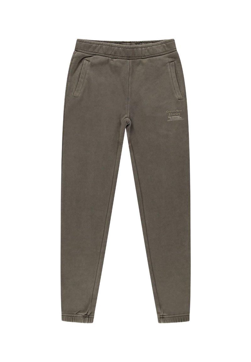 Grijze katoenen joggers met zijzakken, elastyche tailleband, bijgesneden enkels en bedrukte tekst aan de voorkant. Zachte, gladde textuur.