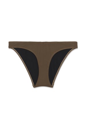 Brown and black bikini bottom with a low-rise cut, displayed flat on a white background.
