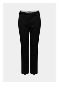 Pantalon de costume noir taillé près du corps avec une ceinture fine noire, présenté sur un fond clair uni.