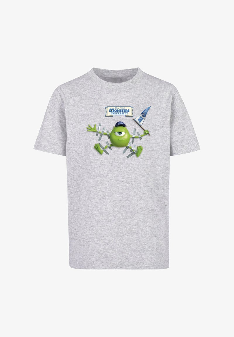 Grauess Baumwoll-T-Shirt mit einem Grafik eines grünen Charakters mit einer Mütze und einer Fahne, beschriftet mit "Monster AG."