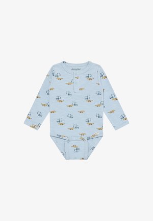 Body de manga larga azul claro hecho de tela suave, con patrones de elefantes y cocodrilos, con cierres a presión en la parte inferior.