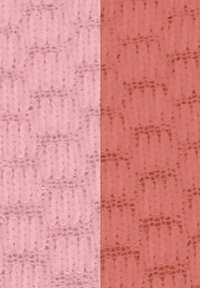 Zij-aan-zij vergelijking van textiel met textuur, links in lichtroze en rechts in donkerder rozerood, met details van het breipatroon.