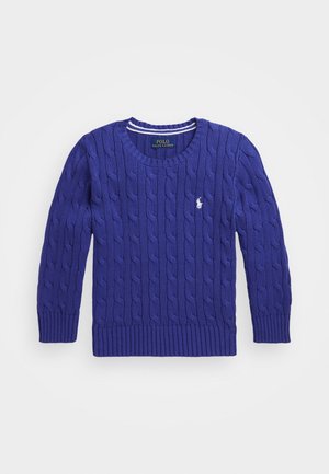 Pull bleu à col rond en maille torsadée avec logo blanc Polo Ralph Lauren sur la poitrine et poignets et ourlet côtelés.