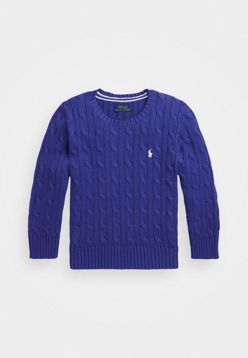 Pull bleu à col rond en maille torsadée avec logo blanc Polo Ralph Lauren sur la poitrine et poignets et ourlet côtelés.