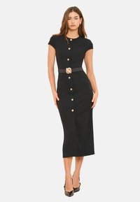 CAP SLEEVE BUTTON THROUGH BELTED BODYCON MIDI - Pouzdrové šaty - black
