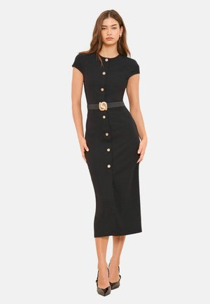 CAP SLEEVE BUTTON THROUGH BELTED BODYCON MIDI - Robe fourreau - black