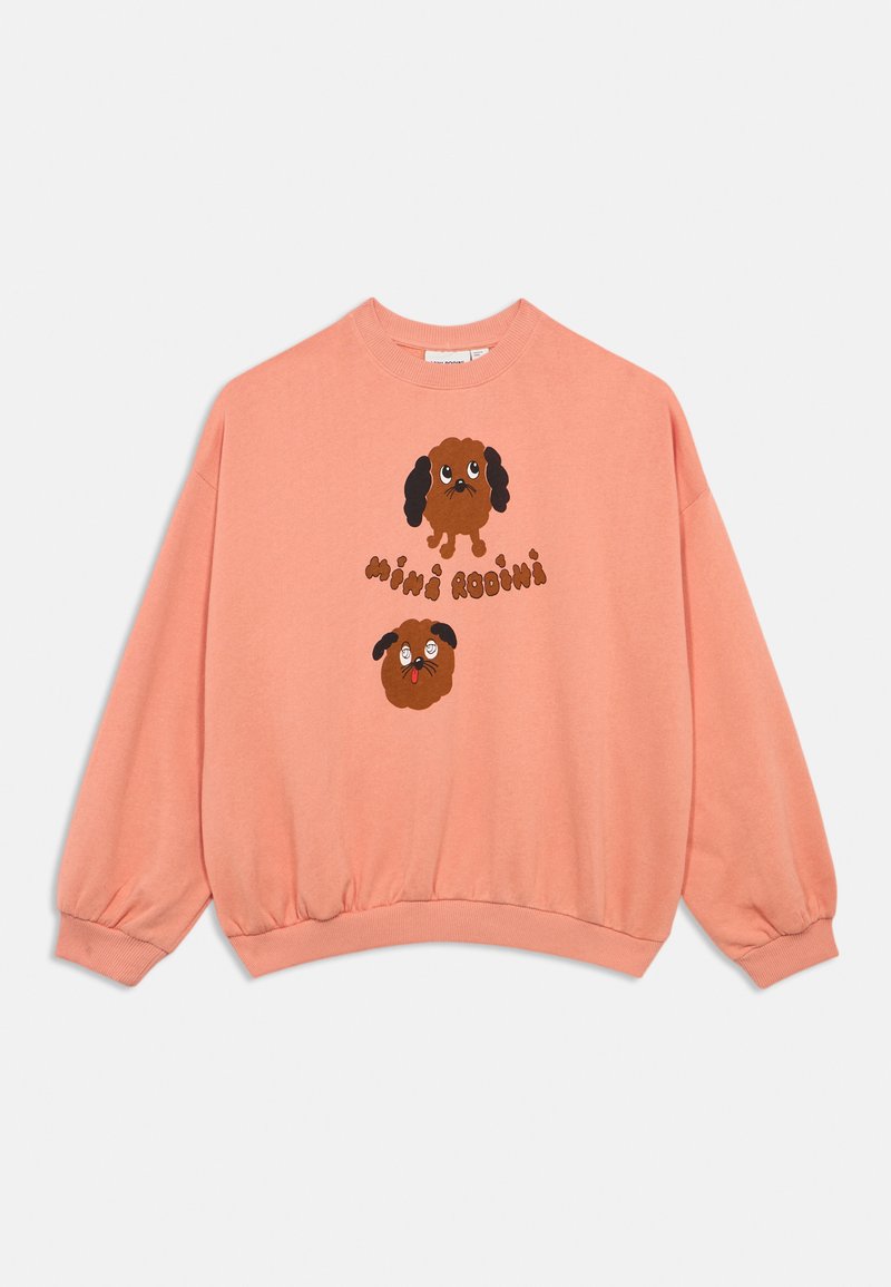 Sweatshirt coral com mangas compridas, punhos e barra canelados. Apresenta dois desenhos de cães em cartoon em bordado amarelo e preto na parte da frente.