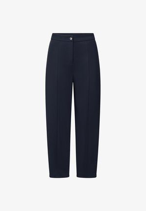 Marineblaue, maßgeschneiderte Hose mit Vorderfalte, knopfbarem Taillenbund und knöchellangem Schnitt, auf weißem Hintergrund dargestellt.